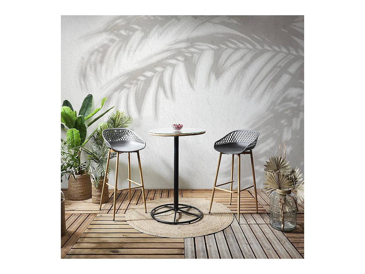 TRESSIE - Lot de 2 Tabourets Gris Pieds Effet Bois Verni