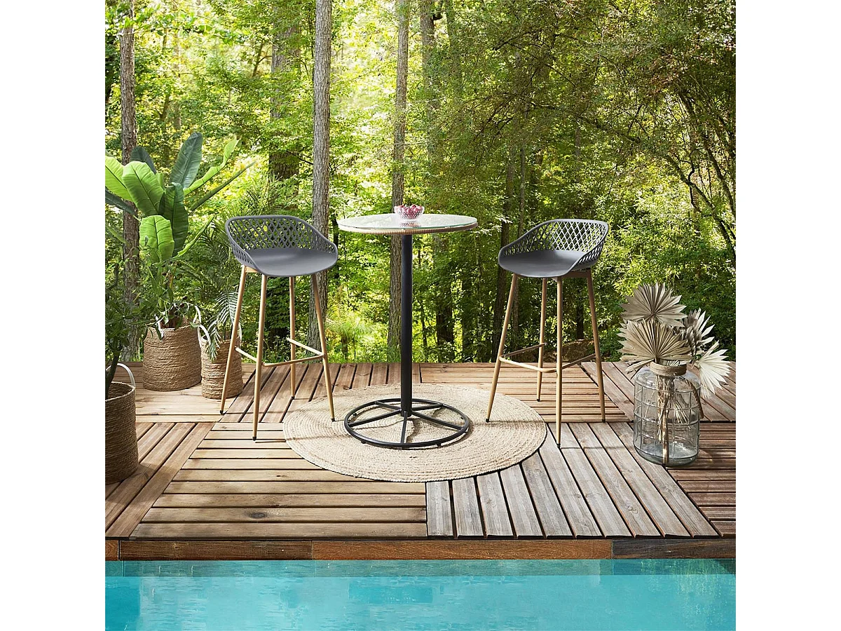 TRESSIE - Lot de 2 Tabourets Gris Pieds Effet Bois Verni