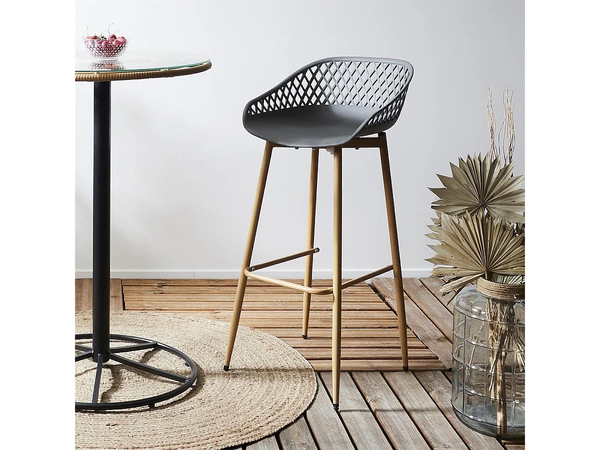 TRESSIE - Lot de 2 Tabourets Gris Pieds Effet Bois Verni