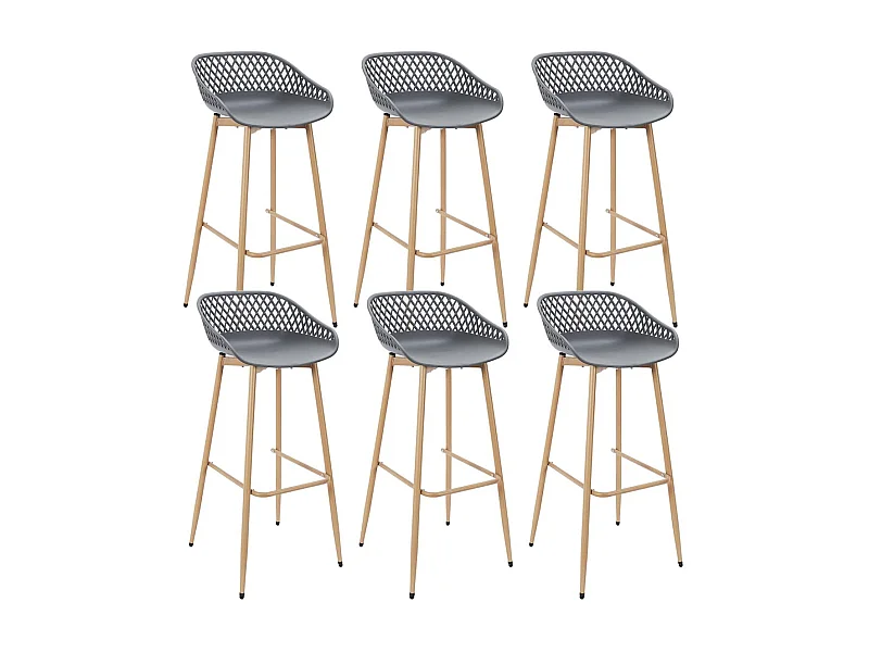 TRESSIE - Lot de 6 Tabourets Gris Pieds Effet Bois Verni