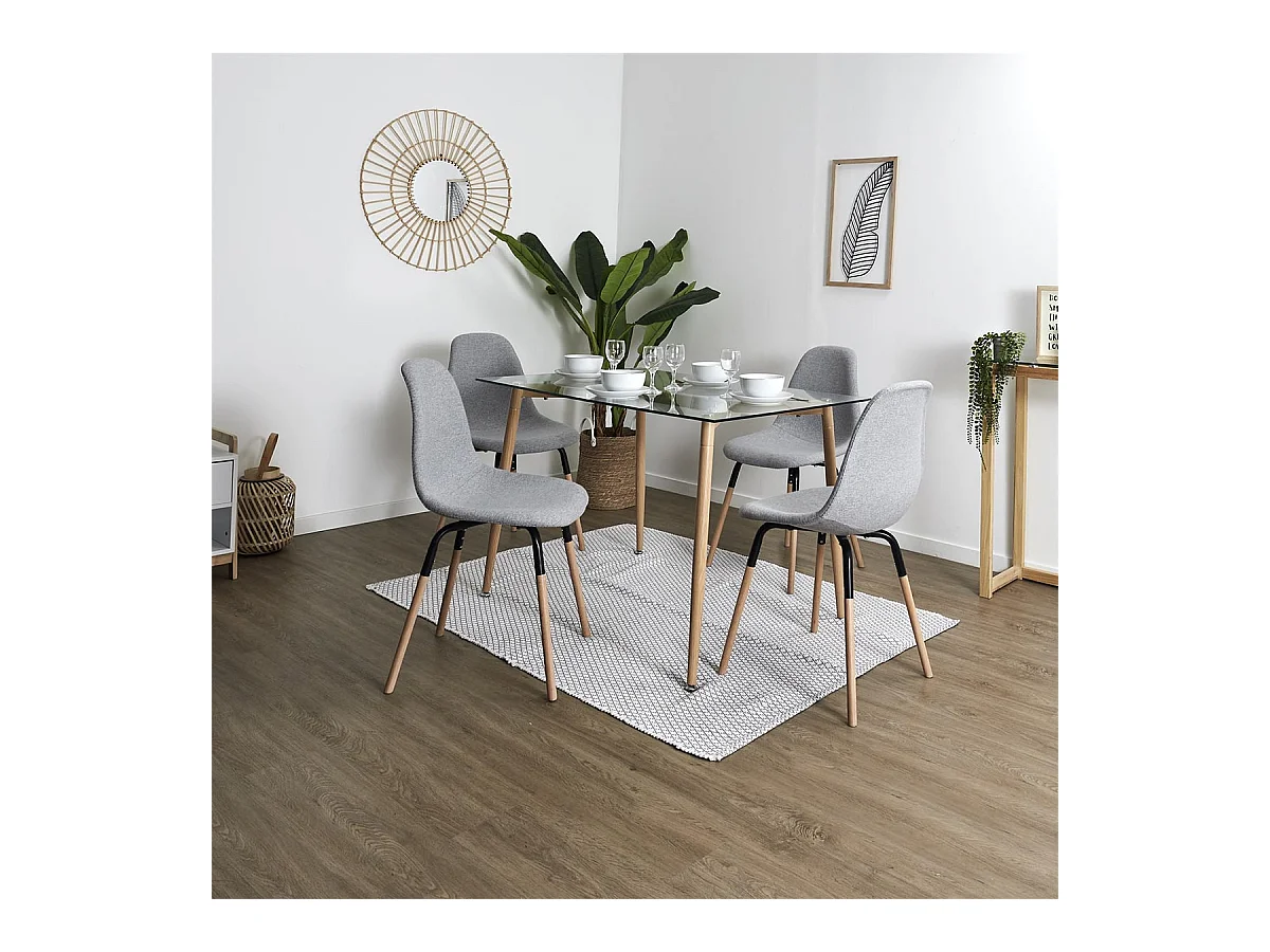 VERANA - Pack Table en Verre + 4 Chaises Gris Chiné Clair
