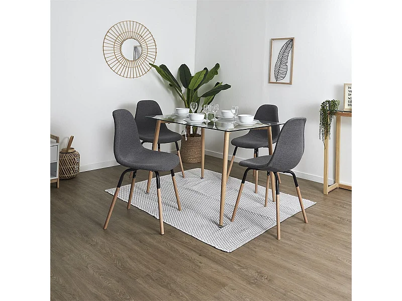 VERANA - Pack Table en Verre + 4 Chaises Gris Chiné Foncé