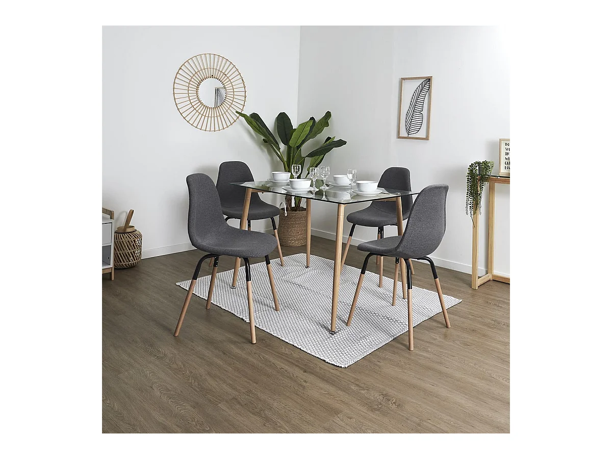 VERANA - Pack Table en Verre + 4 Chaises Gris Chiné Foncé