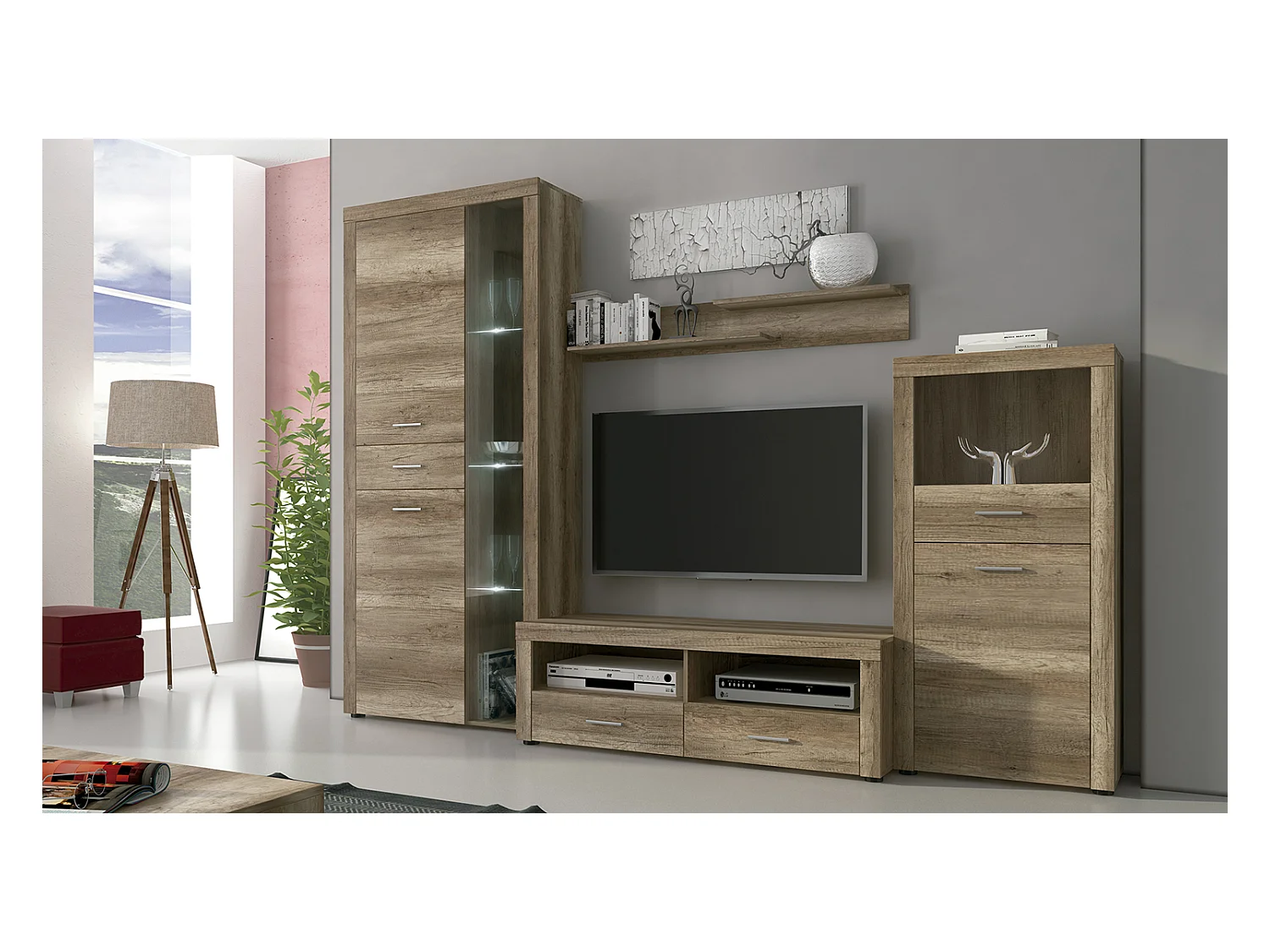 Buffet, meuble de rangement coloris chêne vieilli - Longueur 66 x profondeur 34,60 x hauteur 135 cm