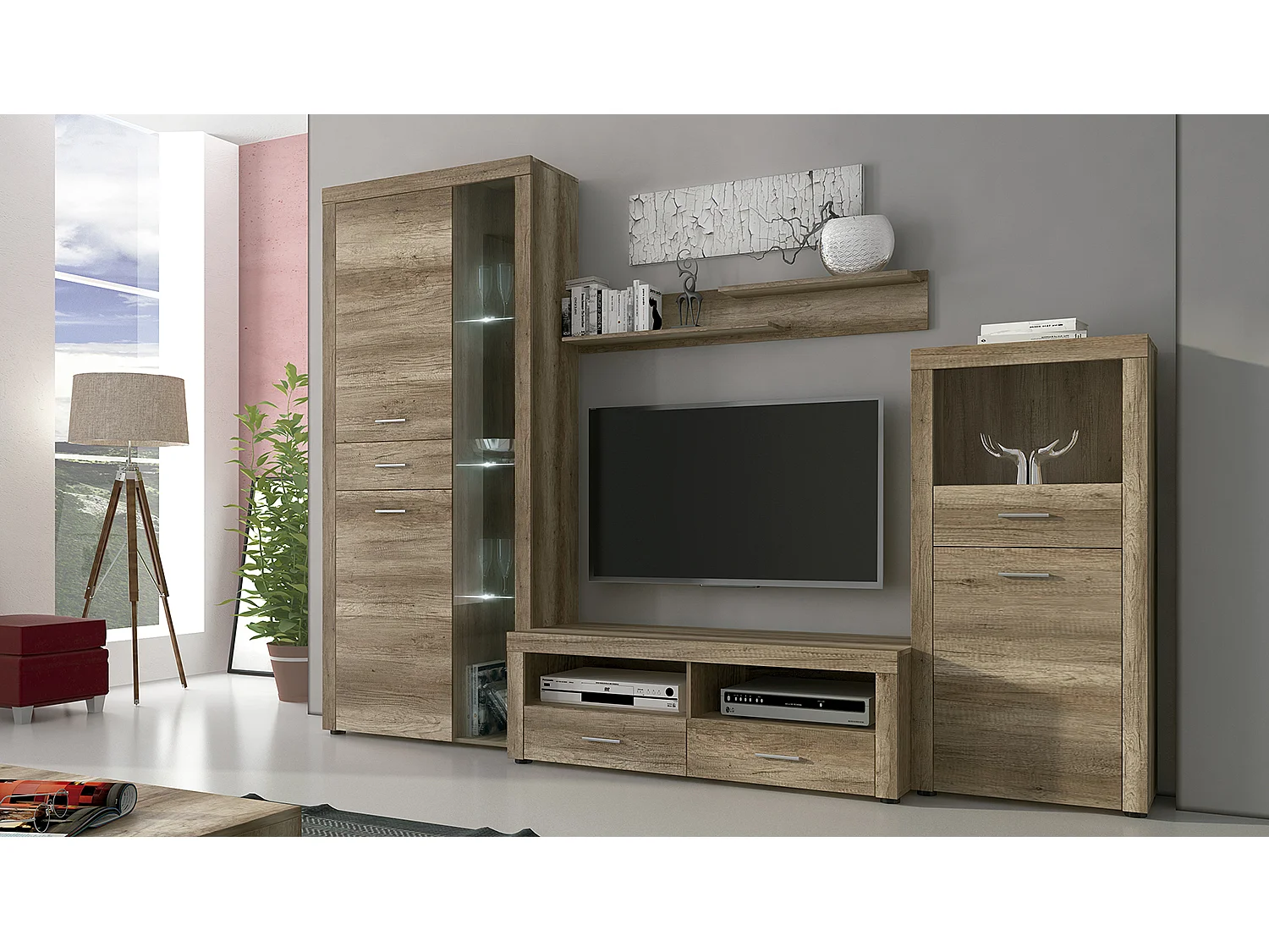 Buffet, meuble de rangement coloris chêne vieilli - Longueur 66 x profondeur 34,60 x hauteur 135 cm