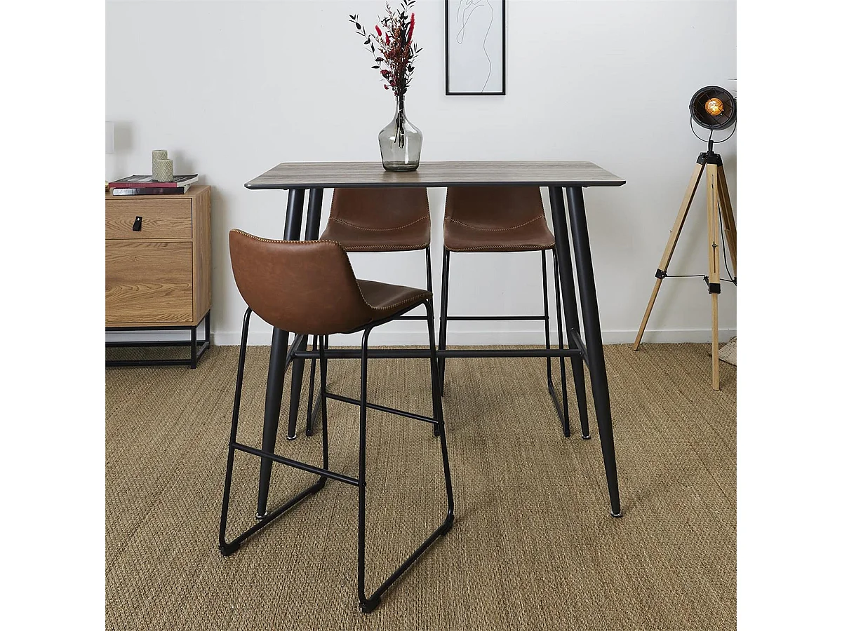 TIANO - Ensemble Table Haute Effet Bois + 4 Tabourets Simili