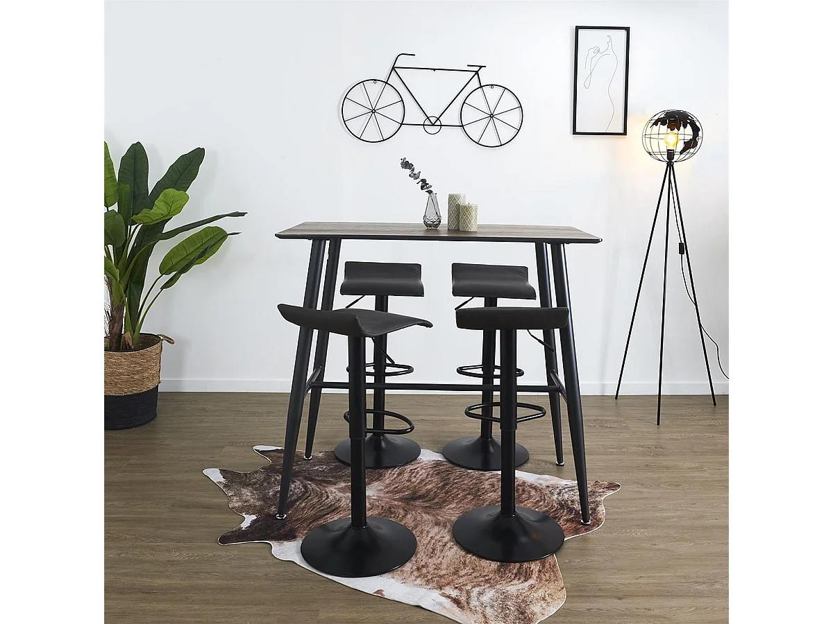 TIANO - Ensemble Table Haute Effet Bois + 4 Tabourets Marron