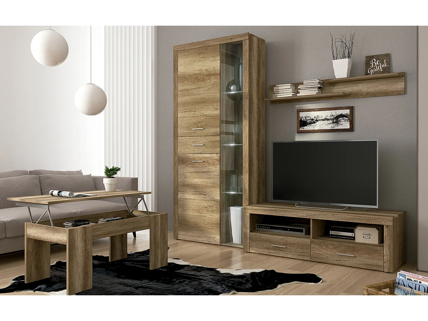 Vitrine, meuble de rangement avec LED coloris chêne vieilli - Longueur 95 x profondeur 34,60 x hauteur 212 cm