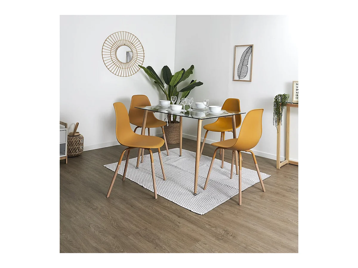 VERANA - Ensemble Table en Verre + 4 Chaises PP Jaune