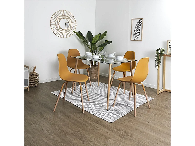 VERANA - Ensemble Table en Verre + 4 Chaises PP Jaune