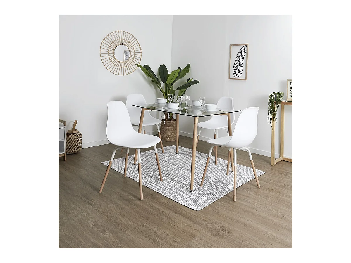 VERANA - Ensemble Table en Verre + 4 Chaises PP Blanc