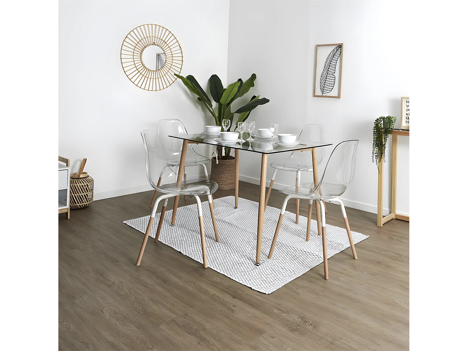 VERANA - Ensemble Table en Verre + 4 Chaises Transparentes