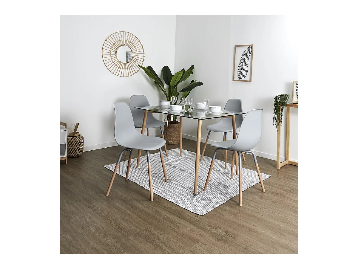 VERANA - Ensemble Table en Verre + 4 Chaises PP Gris