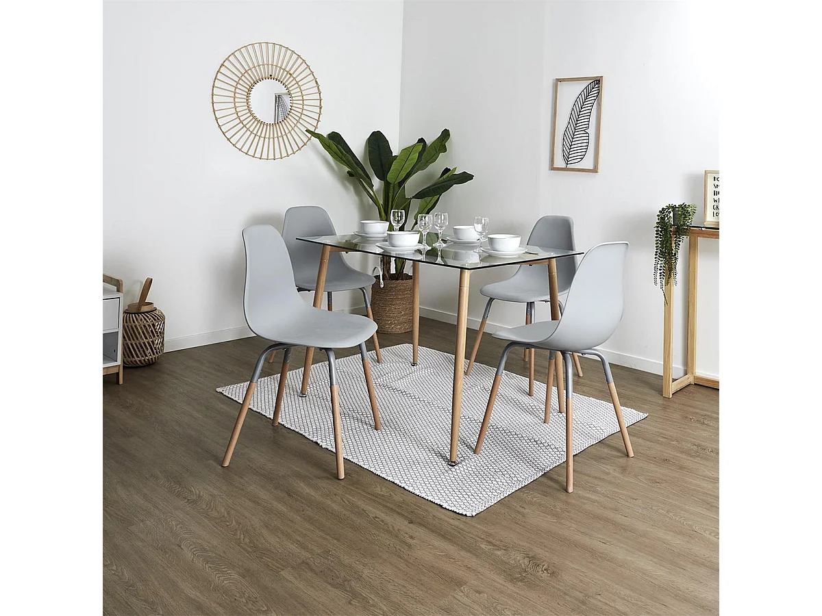 VERANA - Ensemble Table en Verre + 4 Chaises PP Gris