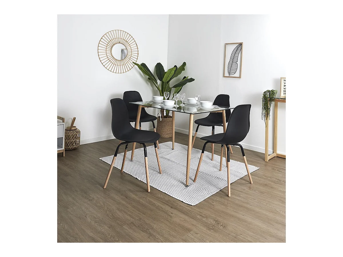 VERANA - Ensemble Table en Verre + 4 Chaises PP Noir