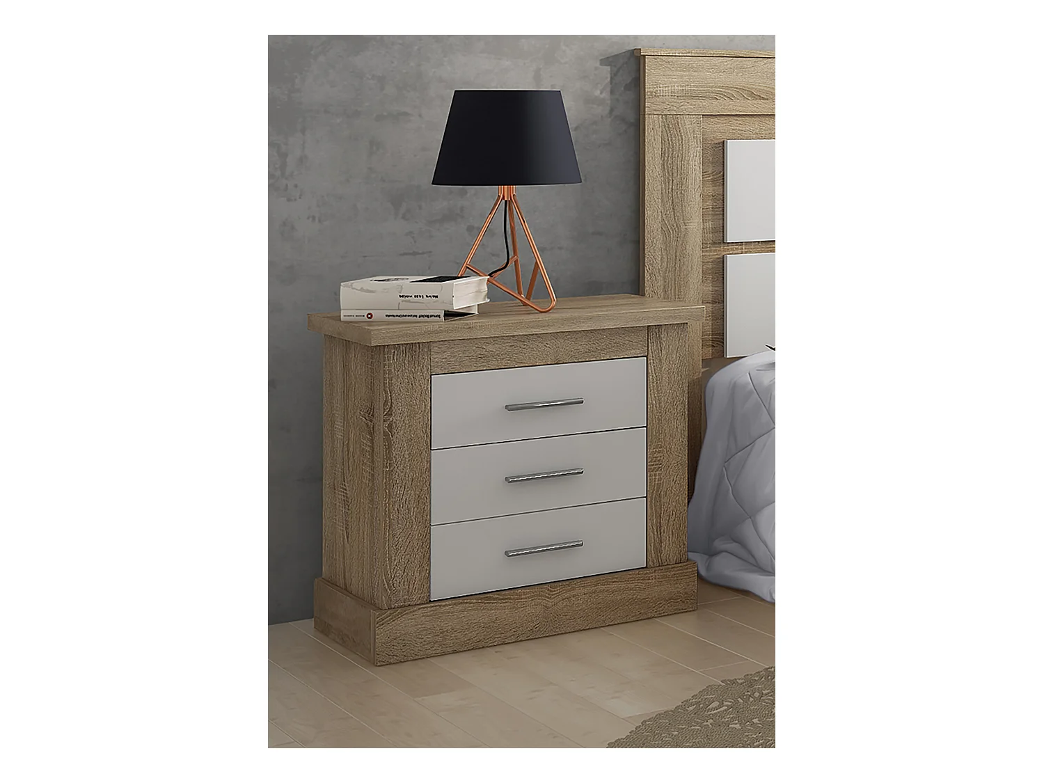 Table de nuit/ table de chevet coloris chêne cambrian, blanc - Longueur 66 x profondeur 39,6 x hauteur 63,8 cm