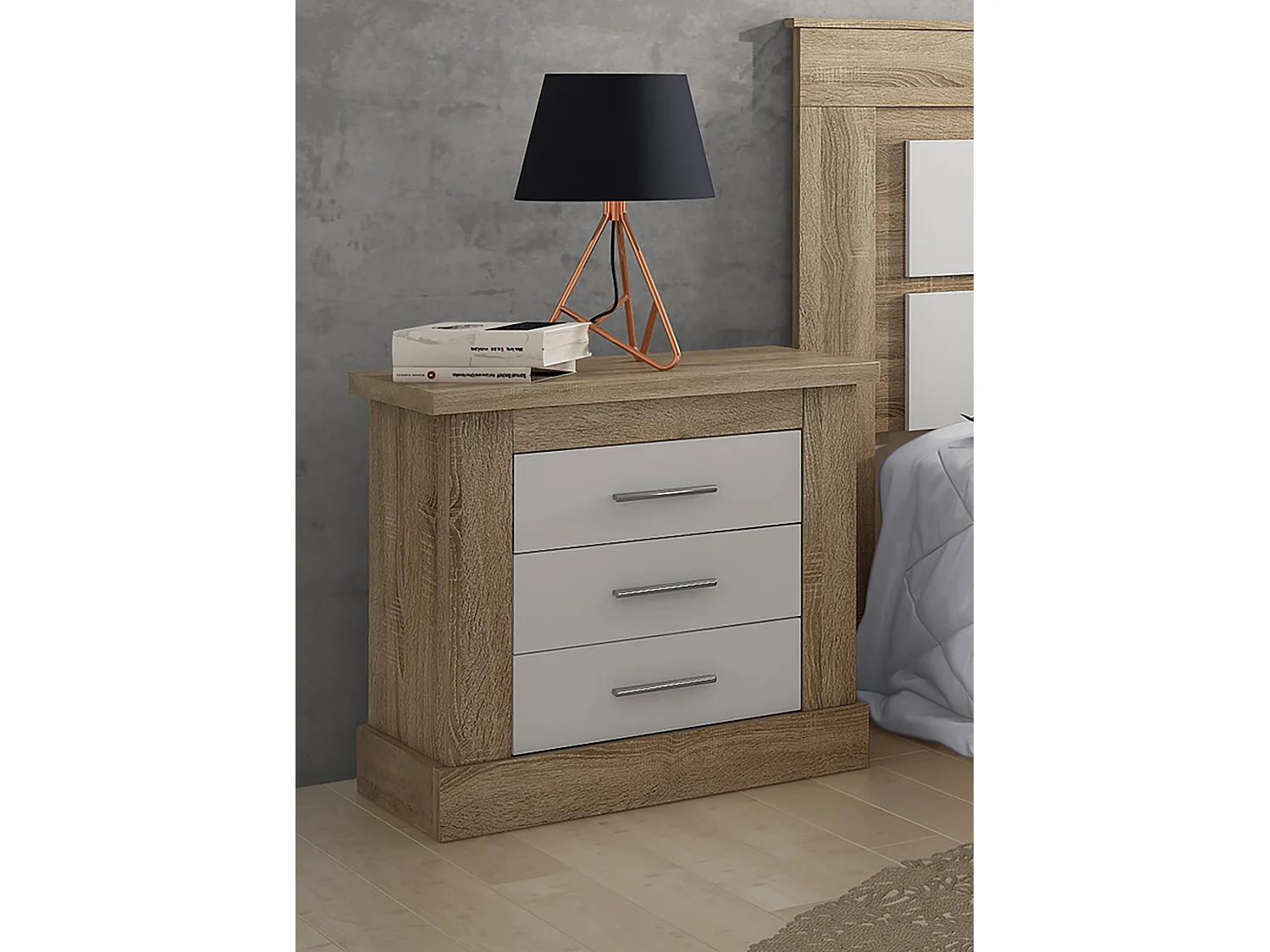 Table de nuit/ table de chevet coloris chêne cambrian, blanc - Longueur 66 x profondeur 39,6 x hauteur 63,8 cm
