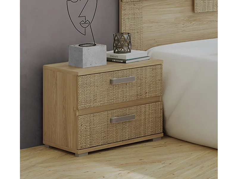 Table de chevet, table de nuit coloris chêne cambrian/effet textile - Longueur 60 x Profondeur 39.6 x Hauteur 50 cm