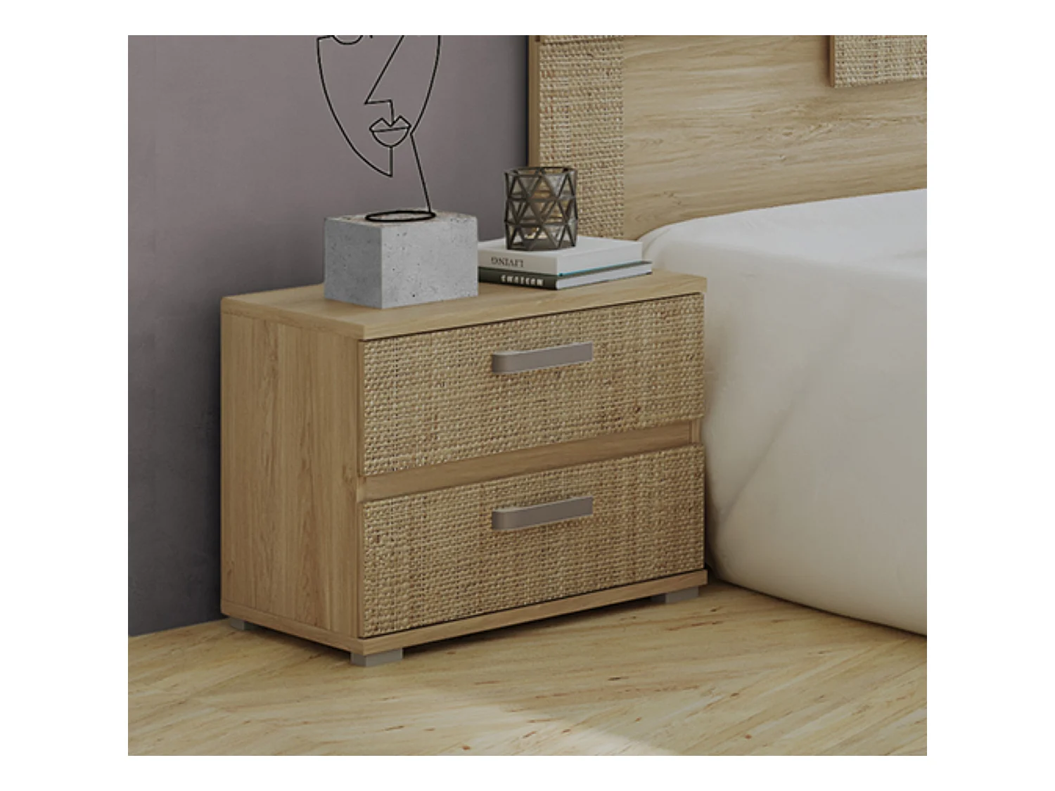 Table de chevet, table de nuit coloris chêne cambrian/effet textile - Longueur 60 x Profondeur 39.6 x Hauteur 50 cm