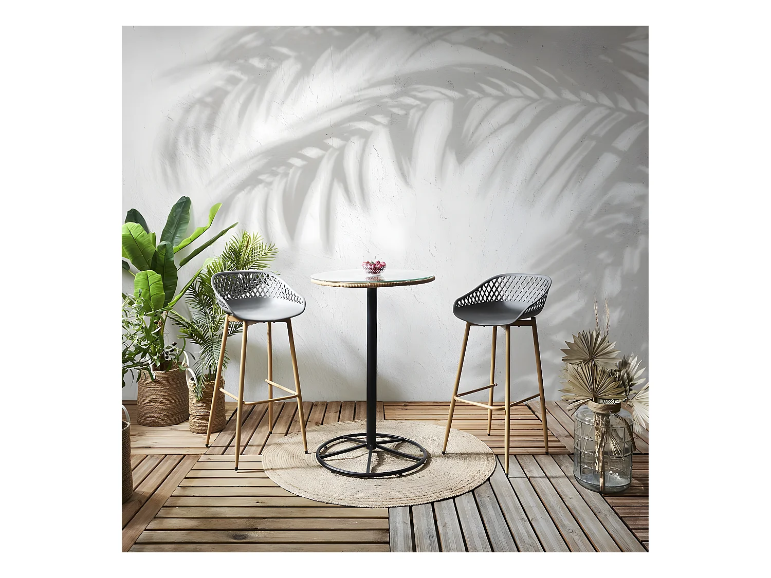 JAKARTA - Ensemble Table Haute + 2 Tabourets PP Gris