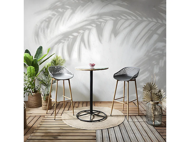 JAKARTA - Ensemble Table Haute + 2 Tabourets PP Gris