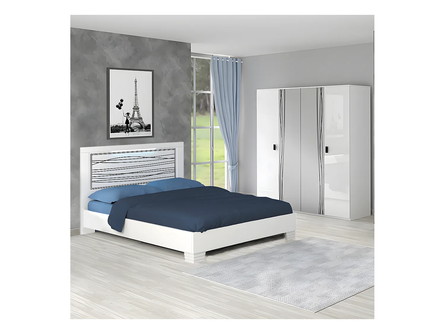 CADIRY - Pack Lit 140x190cm Sérigraphié avec Leds + Armoire