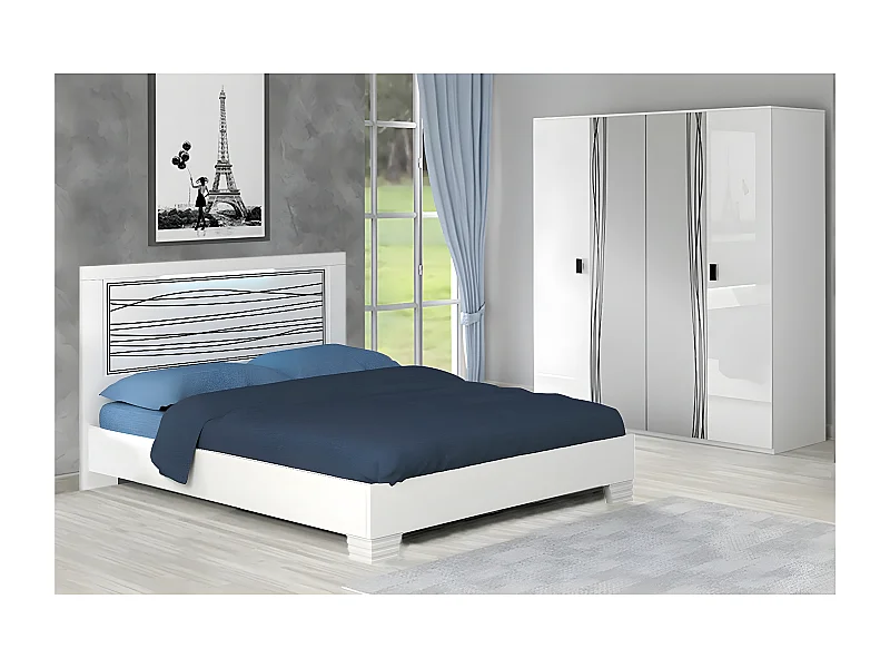 CADIRY - Pack Lit 140x190cm Sérigraphié avec Leds + Armoire