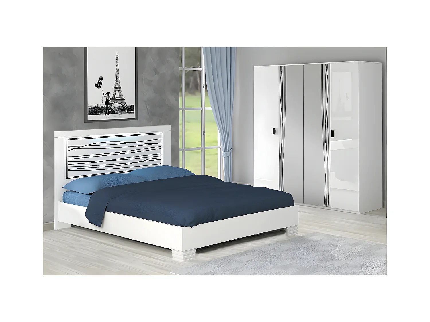 CADIRY - Pack Lit 160x200cm Sérigraphié avec Leds + Armoire