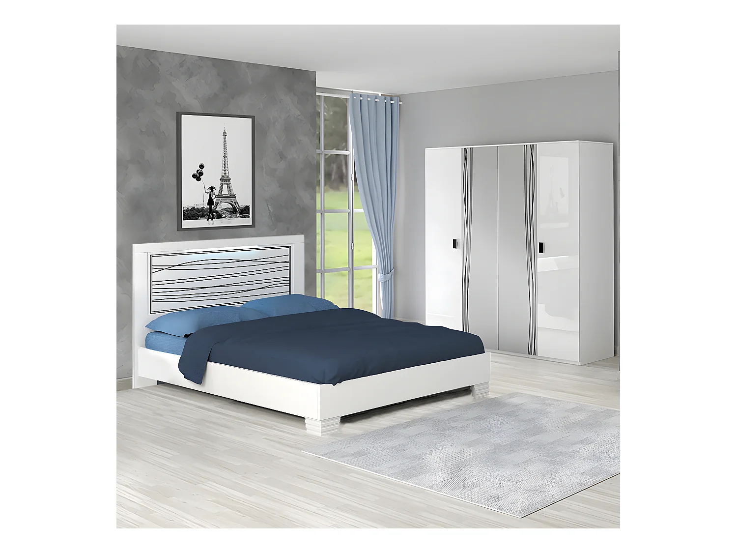 CADIRY - Pack Lit 160x200cm Sérigraphié avec Leds + Armoire