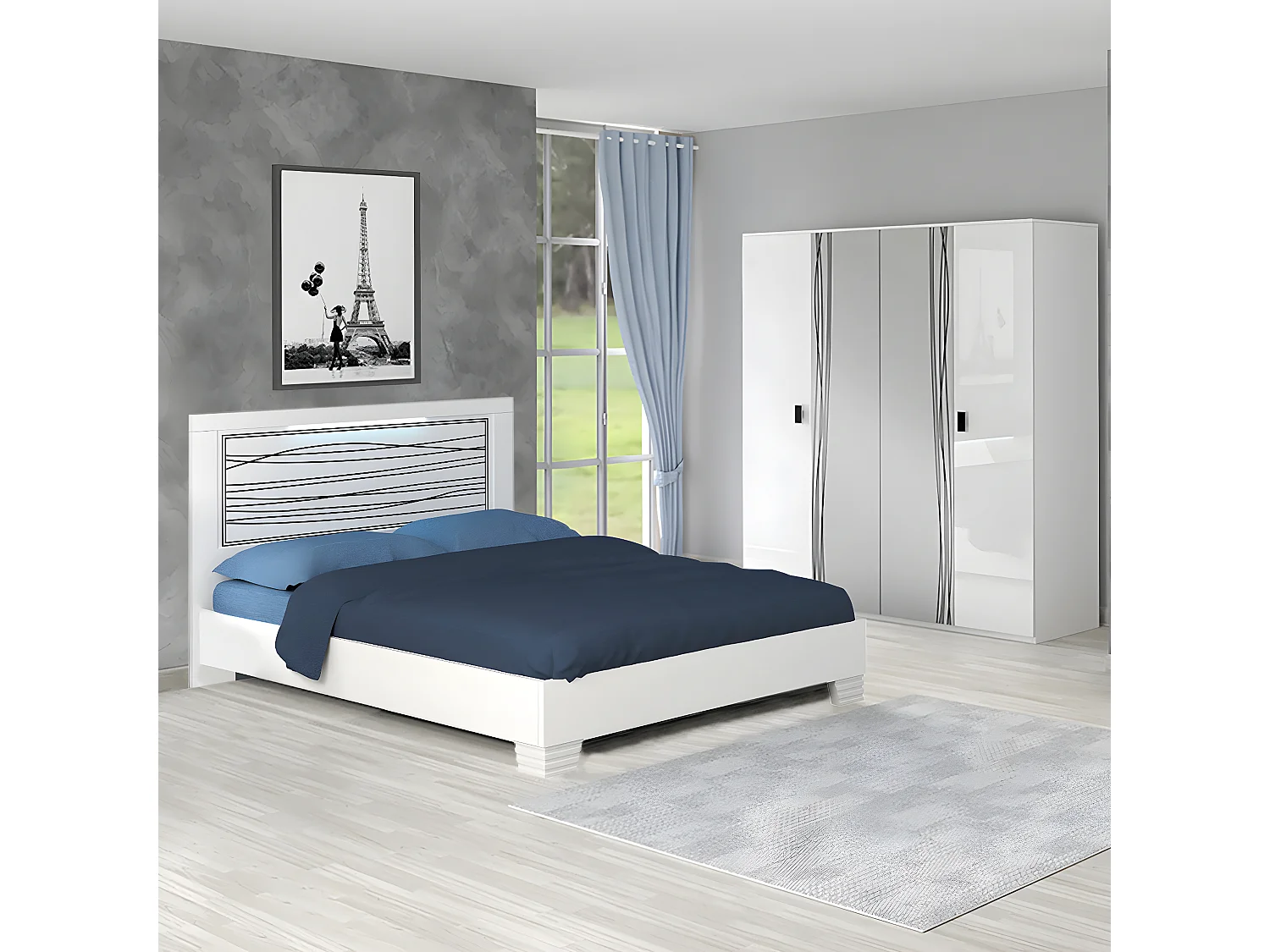 CADIRY - Pack Lit 160x200cm Sérigraphié avec Leds + Armoire