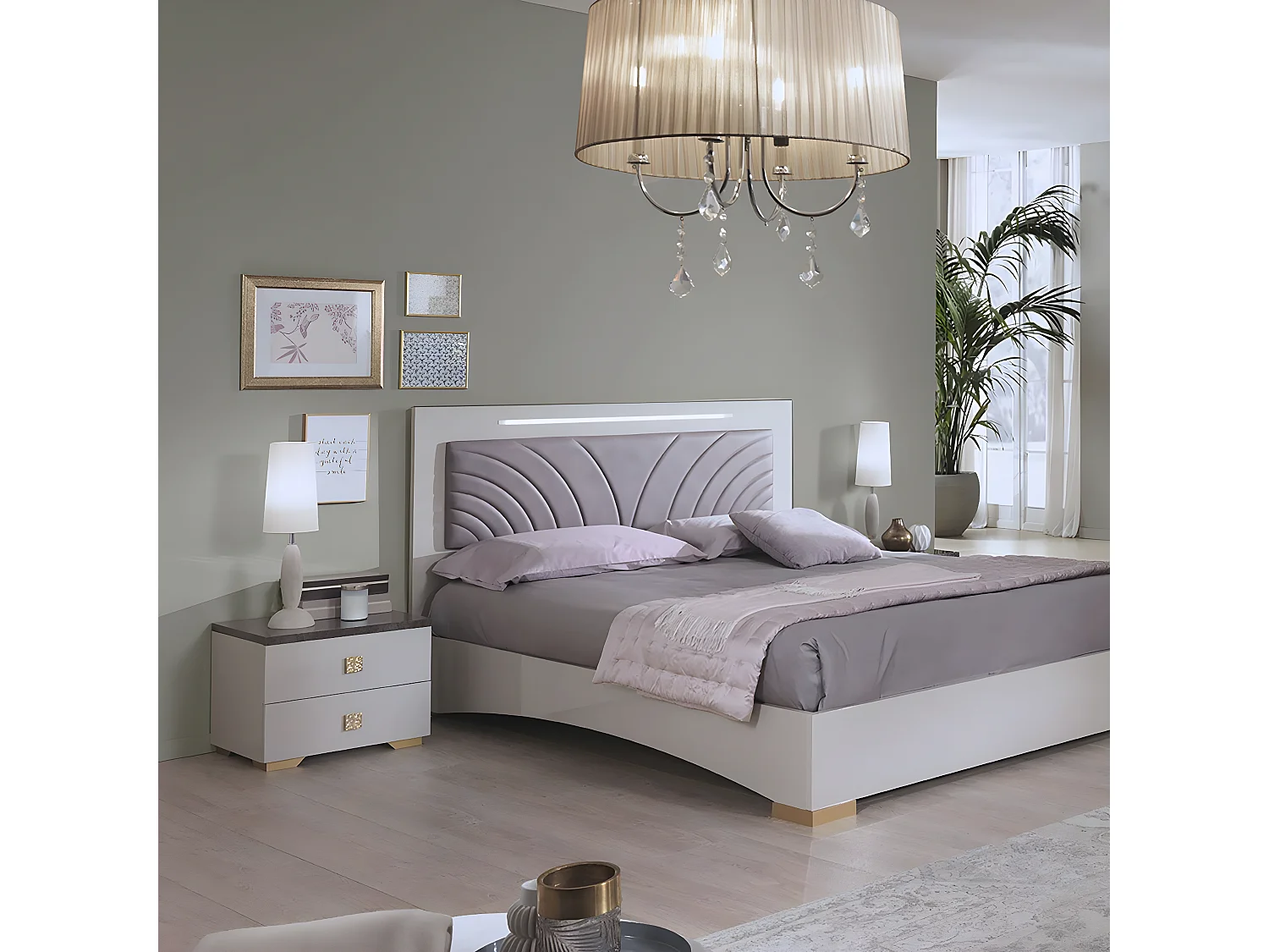 PANACA - Lit 160x200cm avec Tête de Lit Simili Cuir et Leds