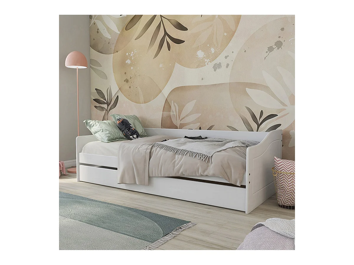 CANTARI - Lit Gigogne 90x190cm en Pin Massif Coloris Blanc