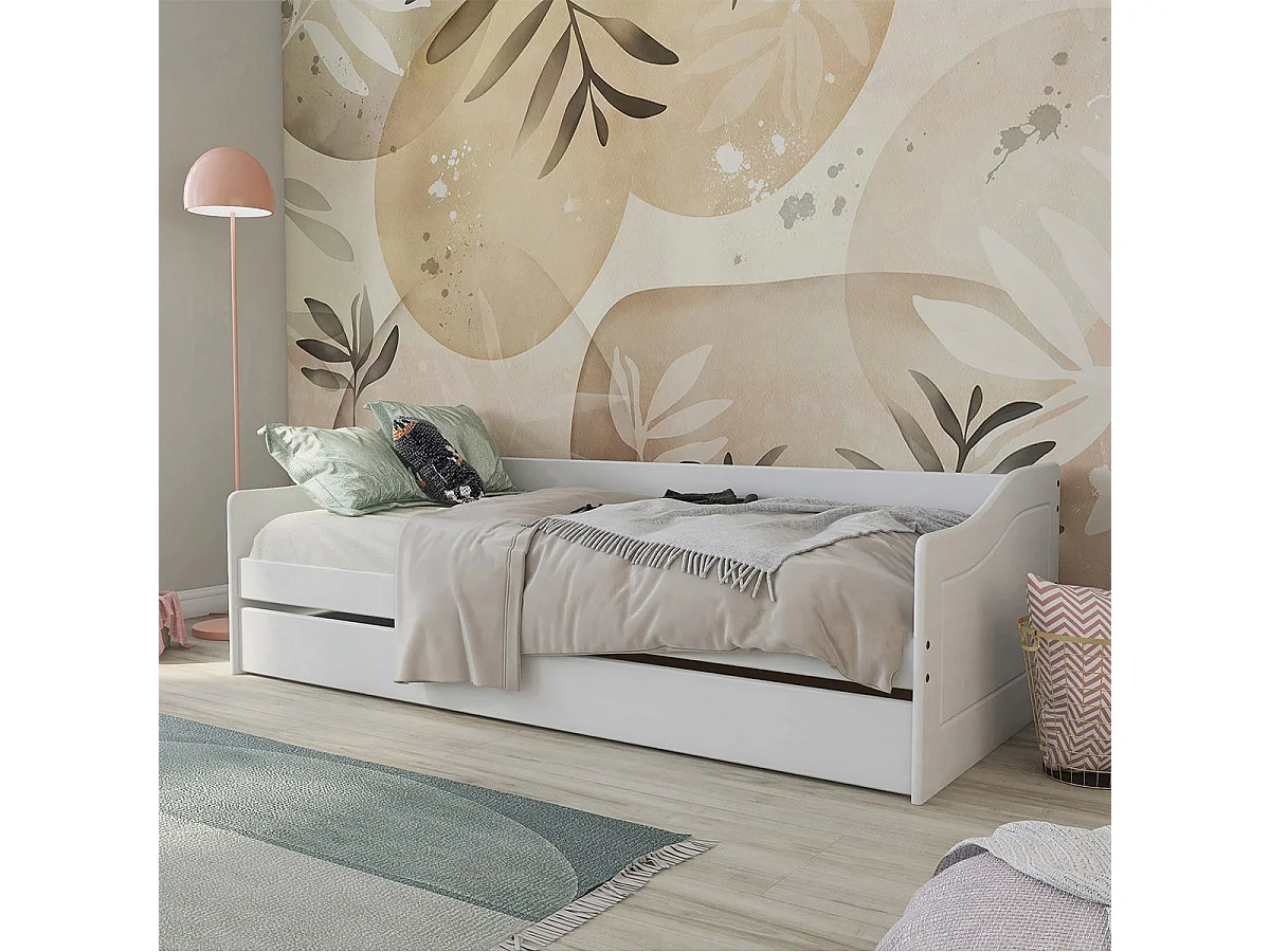 CANTARI - Lit Gigogne 90x190cm en Pin Massif Coloris Blanc