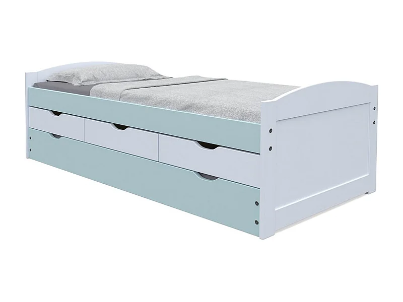 GLASCA - Lit Gigogne 90x200cm 3 Tiroirs en Pin Gris et Vert d'Eau