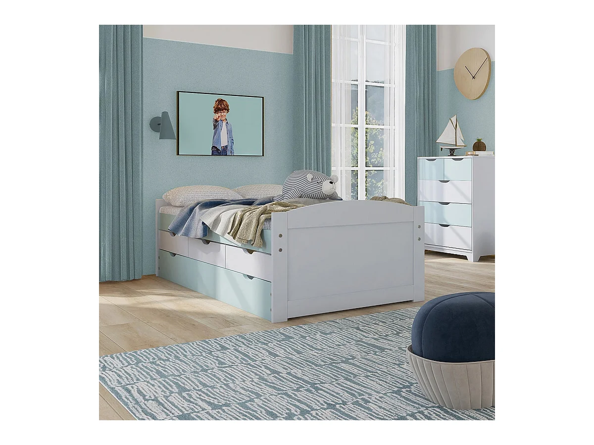 GLASCA - Lit Gigogne 90x200cm 3 Tiroirs en Pin Gris et Vert d'Eau