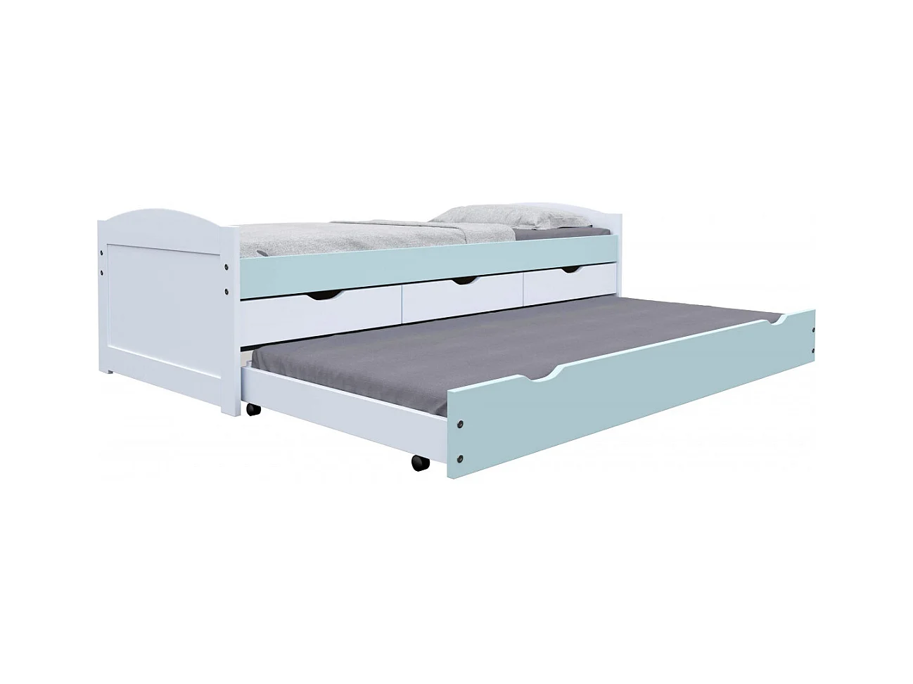 GLASCA - Lit Gigogne 90x200cm 3 Tiroirs en Pin Gris et Vert d'Eau