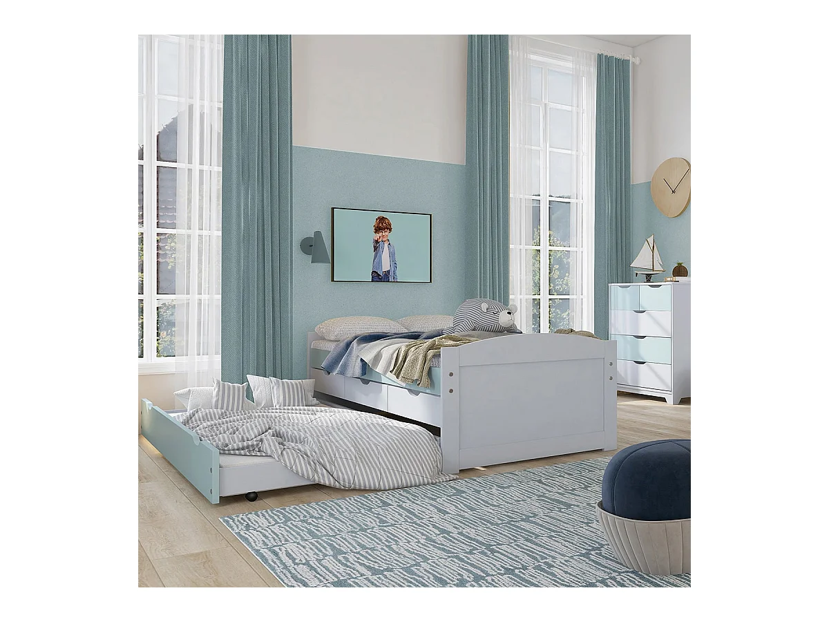 GLASCA - Lit Gigogne 90x200cm 3 Tiroirs en Pin Gris et Vert d'Eau