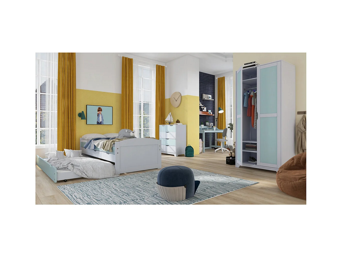 GLASCA - Lit Gigogne 90x200cm 3 Tiroirs en Pin Gris et Vert d'Eau