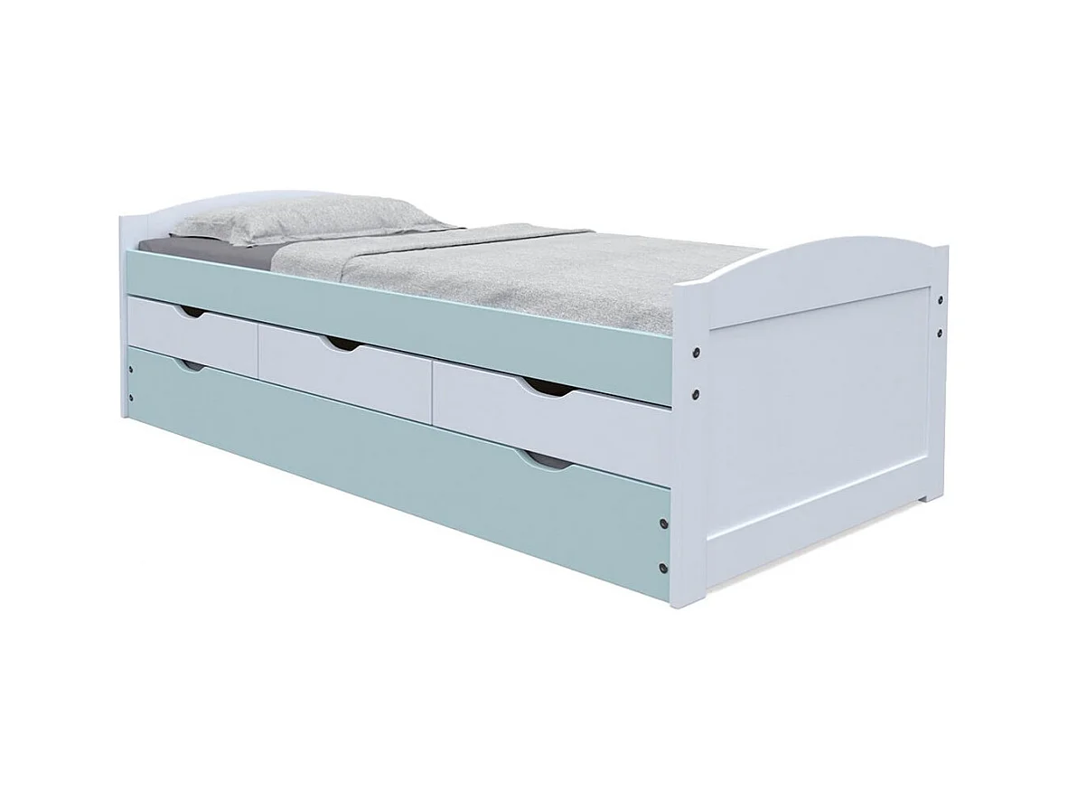 GLASCA - Lit Gigogne 90x200cm 3 Tiroirs en Pin Gris et Vert d'Eau