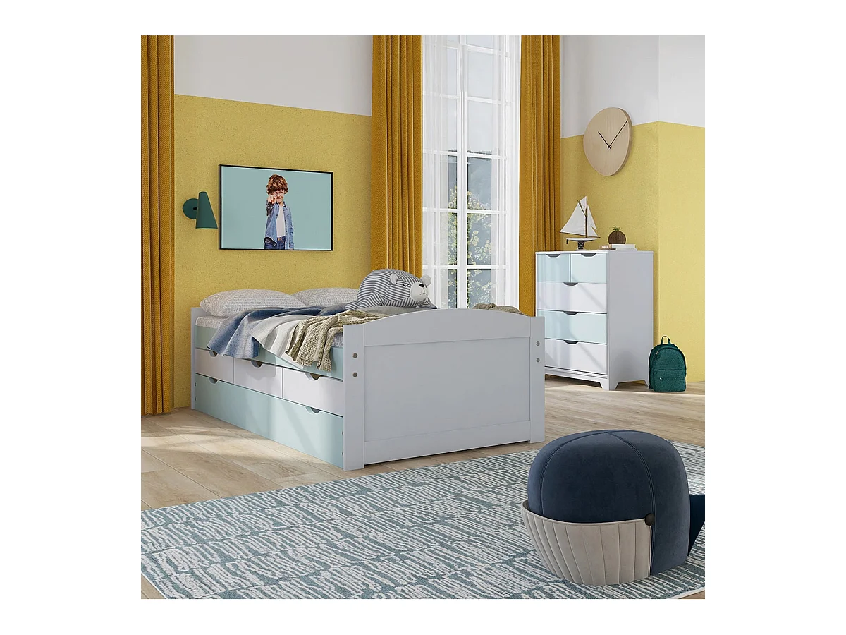 GLASCA - Commode 5 Tiroirs en Pin Gris et Vert d'Eau