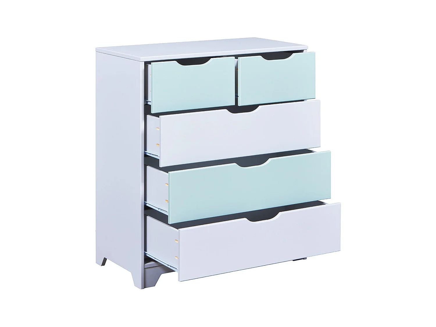 GLASCA - Commode 5 Tiroirs en Pin Gris et Vert d'Eau