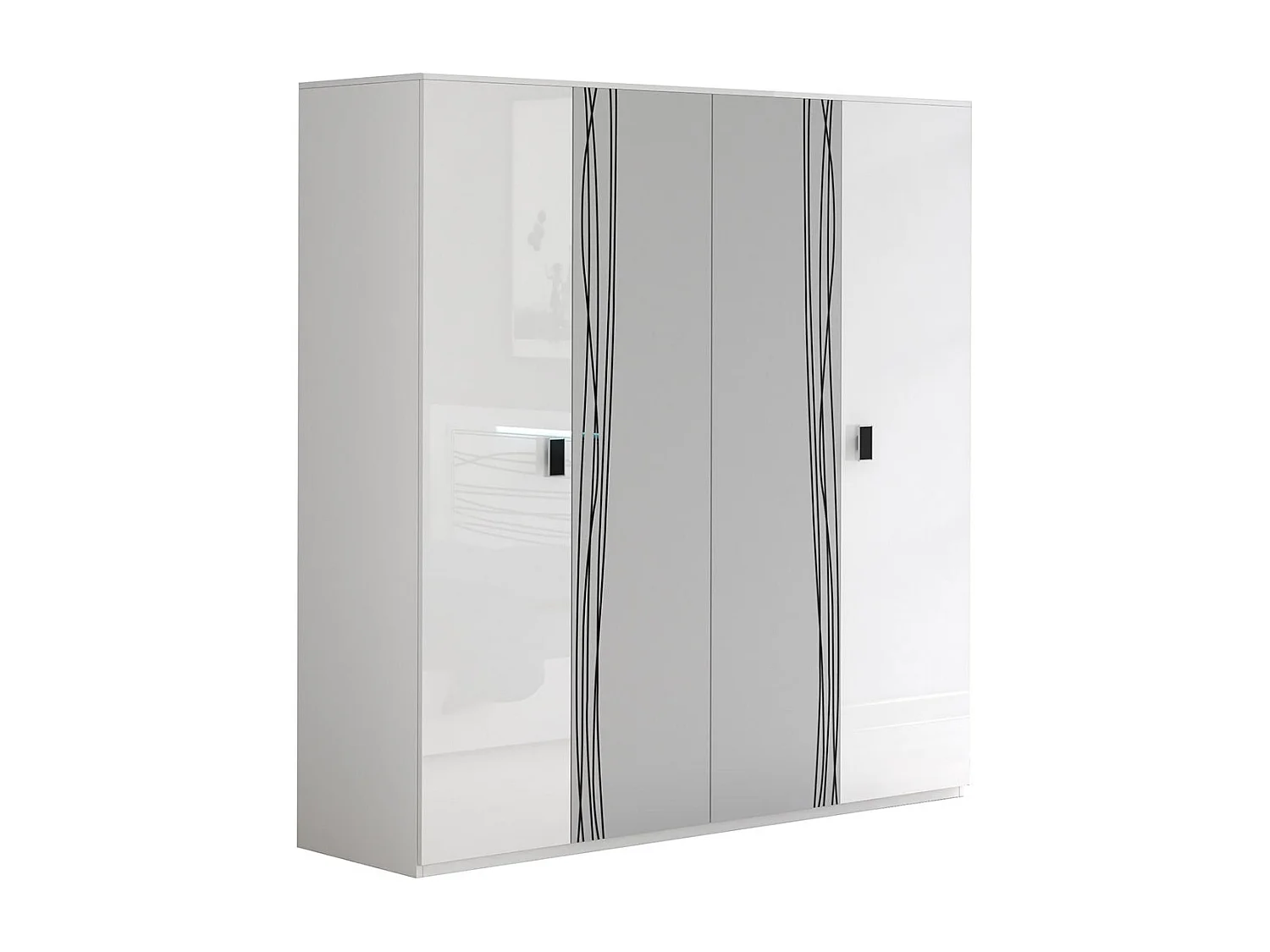 CADIRY - Armoire 4 Portes avec Miroir Blanche Sérigraphiée