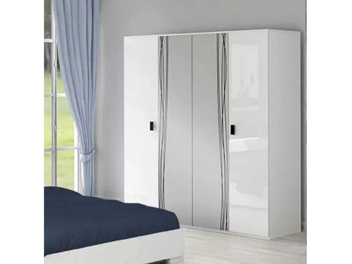 CADIRY - Armoire 4 Portes avec Miroir Blanche Sérigraphiée