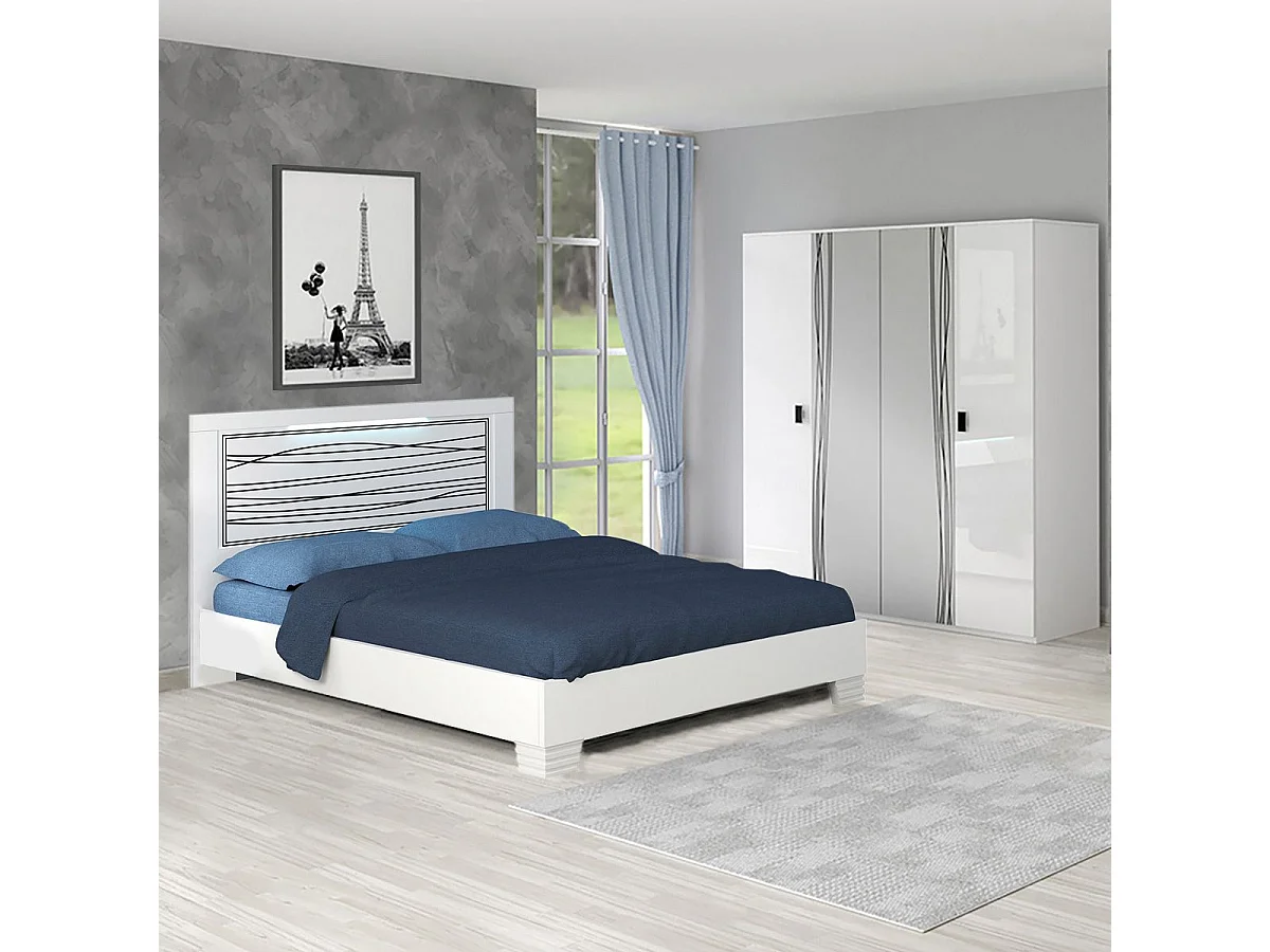 CADIRY - Armoire 4 Portes avec Miroir Blanche Sérigraphiée