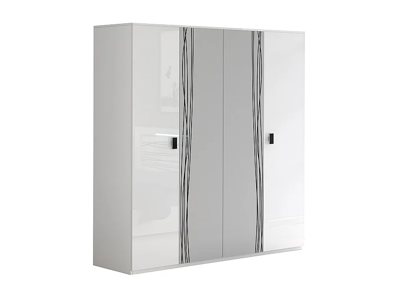 CADIRY - Armoire 4 Portes avec Miroir Blanche Sérigraphiée