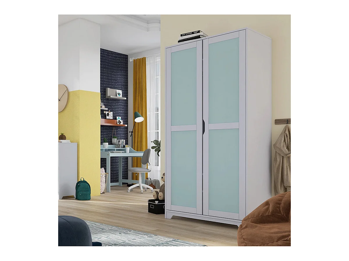 GLASCA - Armoire 2 Portes en Pin Gris et Vert d'Eau