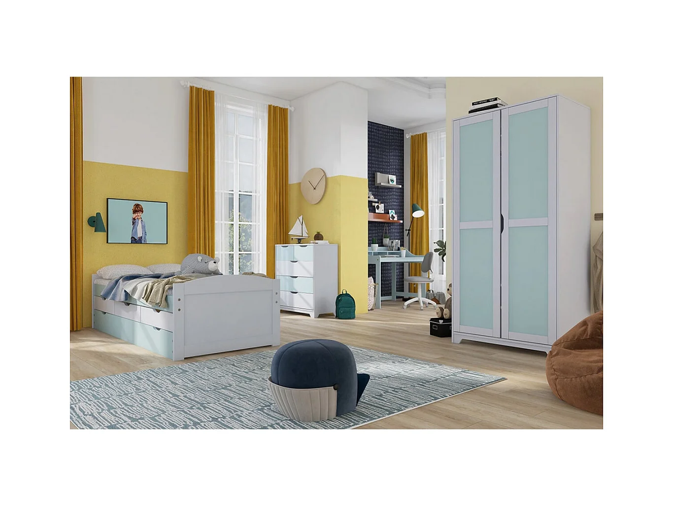 GLASCA - Armoire 2 Portes en Pin Gris et Vert d'Eau