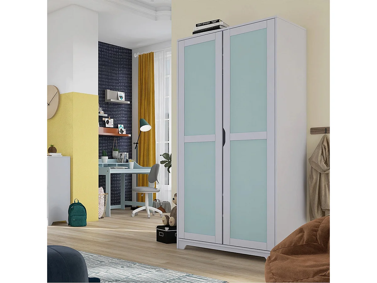 GLASCA - Armoire 2 Portes en Pin Gris et Vert d'Eau