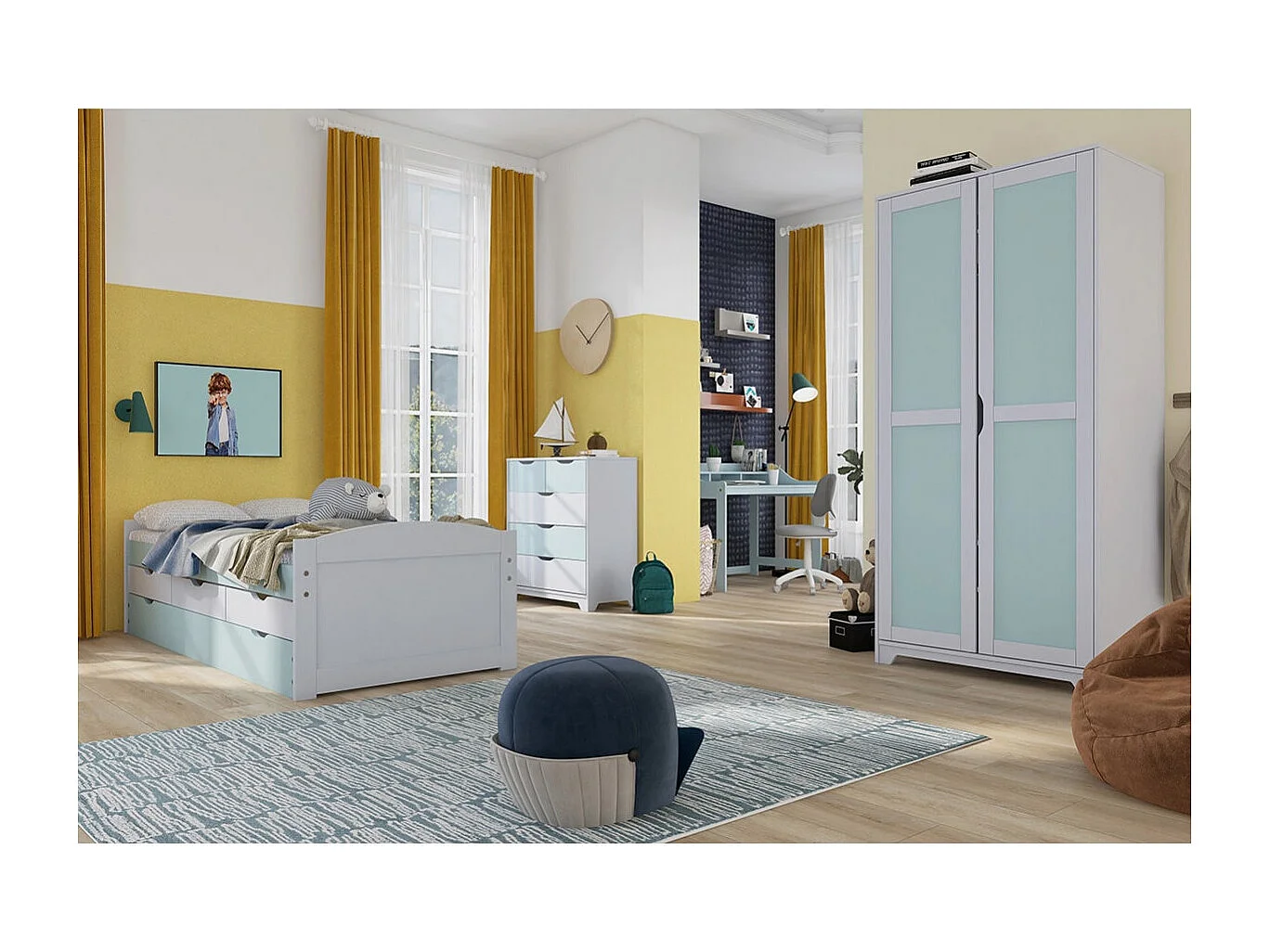 GLASCA - Armoire 2 Portes en Pin Gris et Vert d'Eau