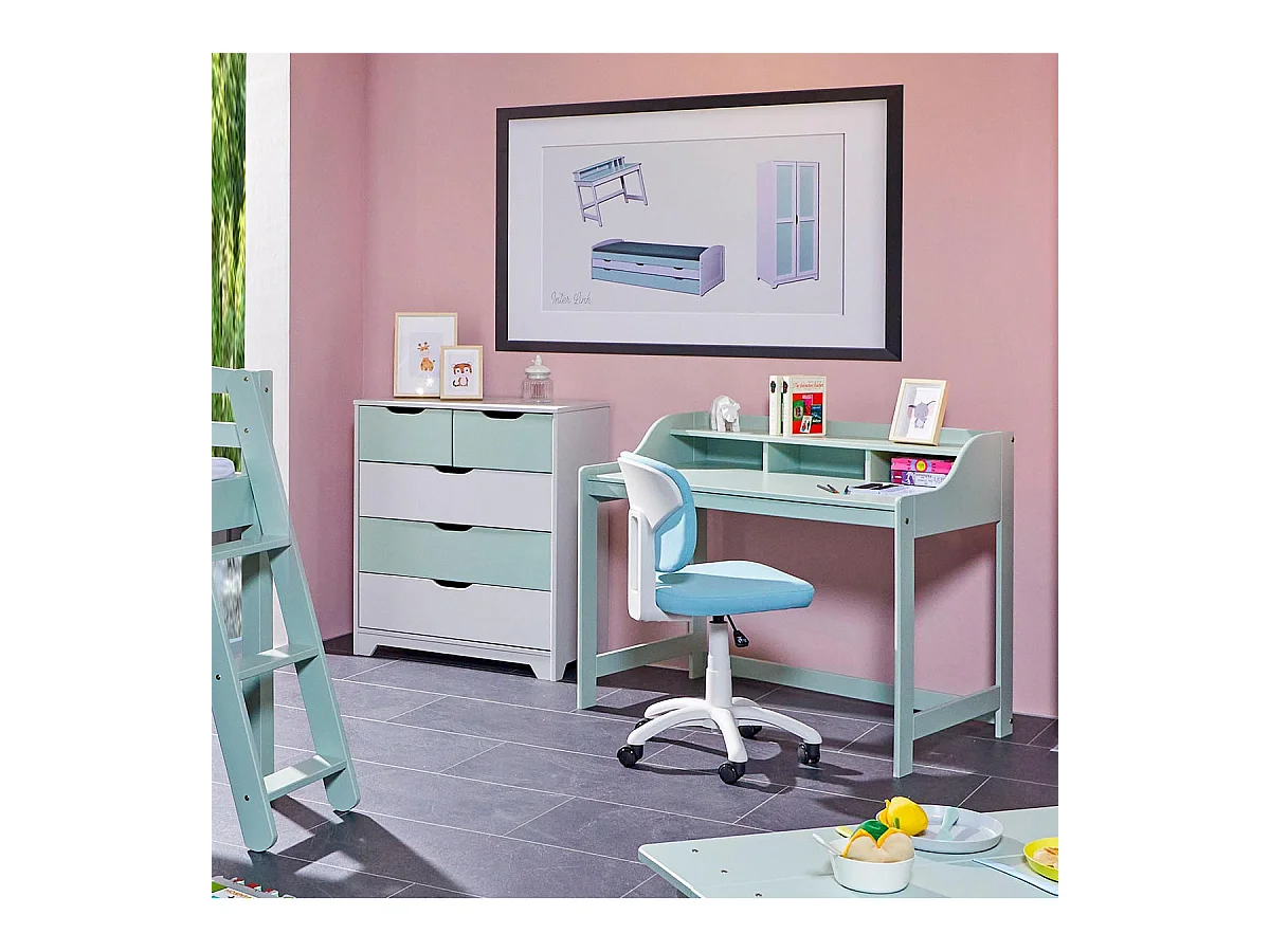 GLASCA - Bureau en Pin Vert d'Eau avec Compartiments